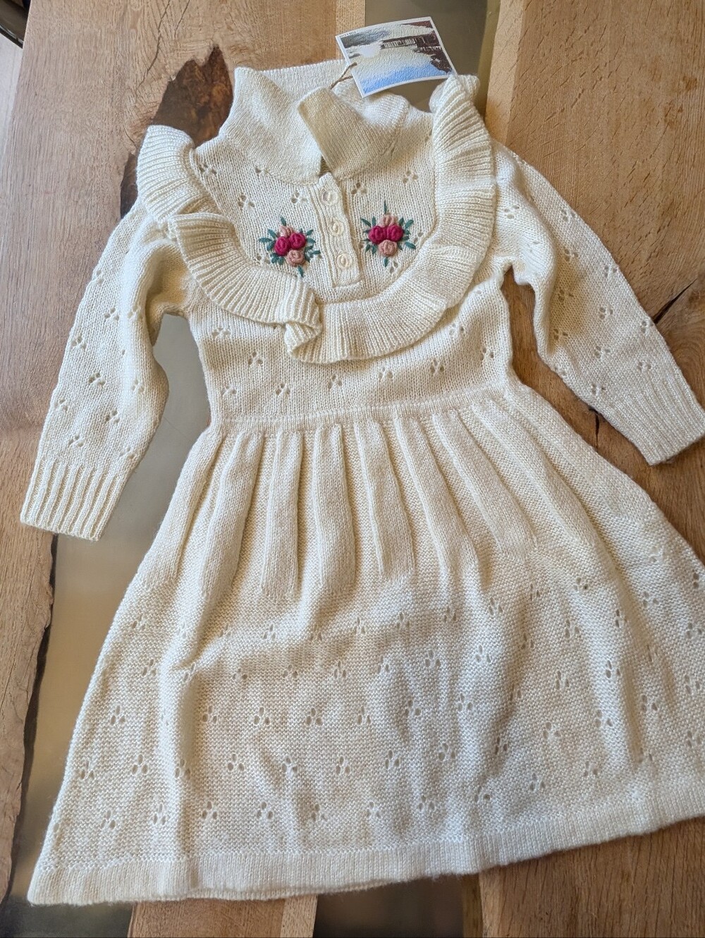 Fish and Kids 2-3Y Girls Cream Knit Dress with Pink Rose Embroidery NWT